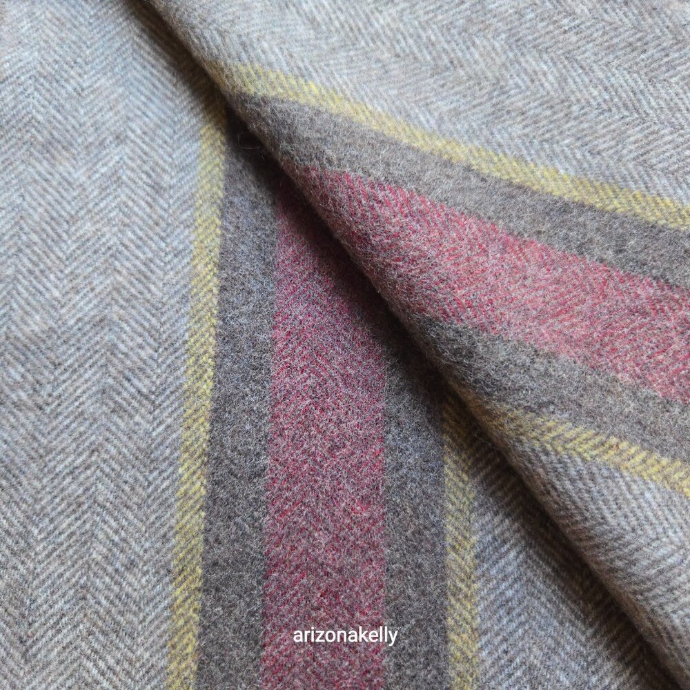NWOT Wool Herringbone Scarf Brown with Burgundy & Yellow Stripe - Picture 10 of 11
